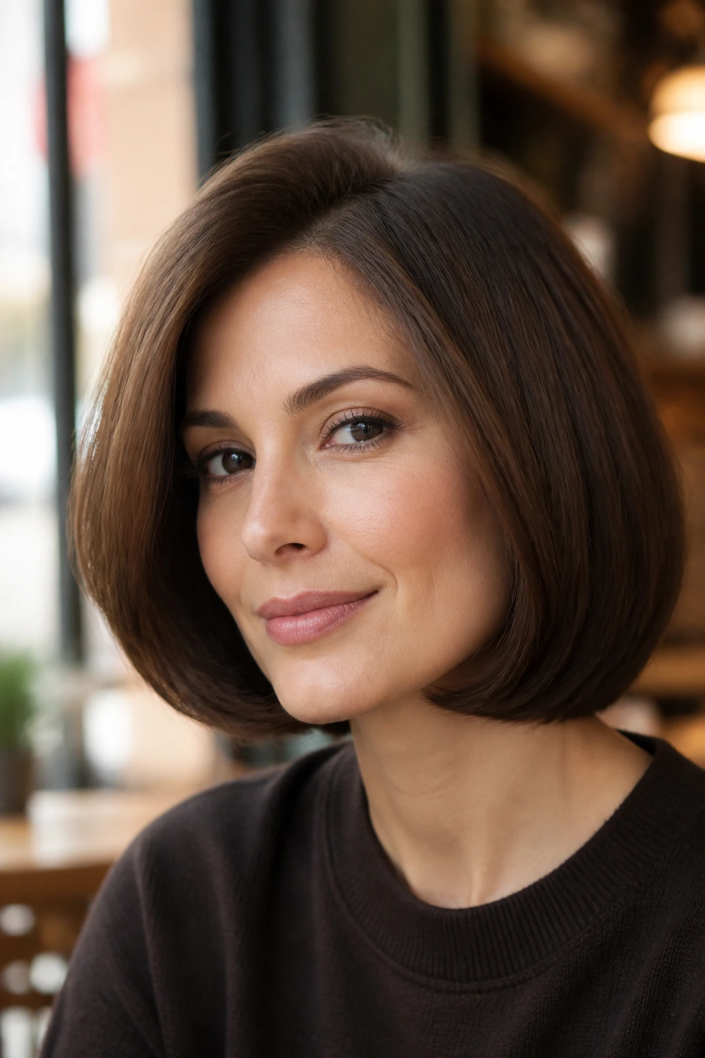 Close-up of a real woman with walnut curved bob tucked under chin in natural light