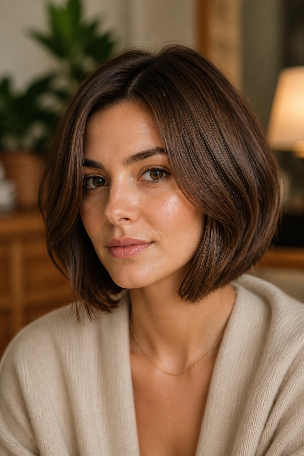 Close-up portrait of a real woman with a walnut jaw-length bob in warm living-room lighting