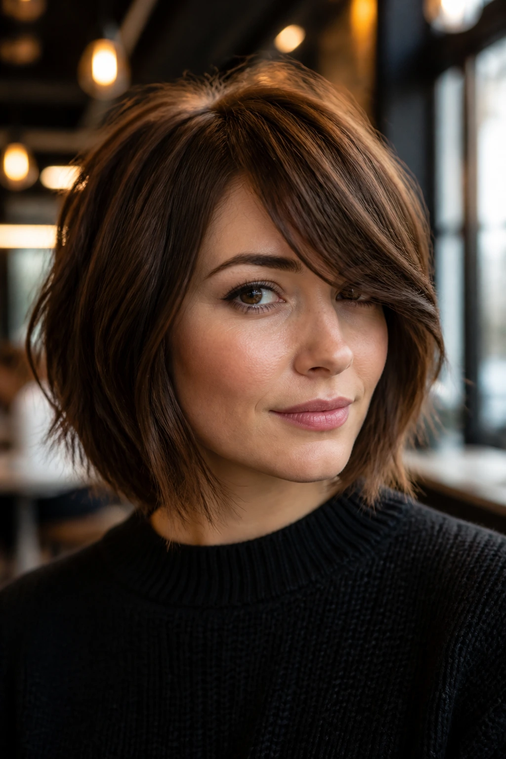 Portrait of a person with a walnut brown bob and side-swept bangs in a warm cafe light