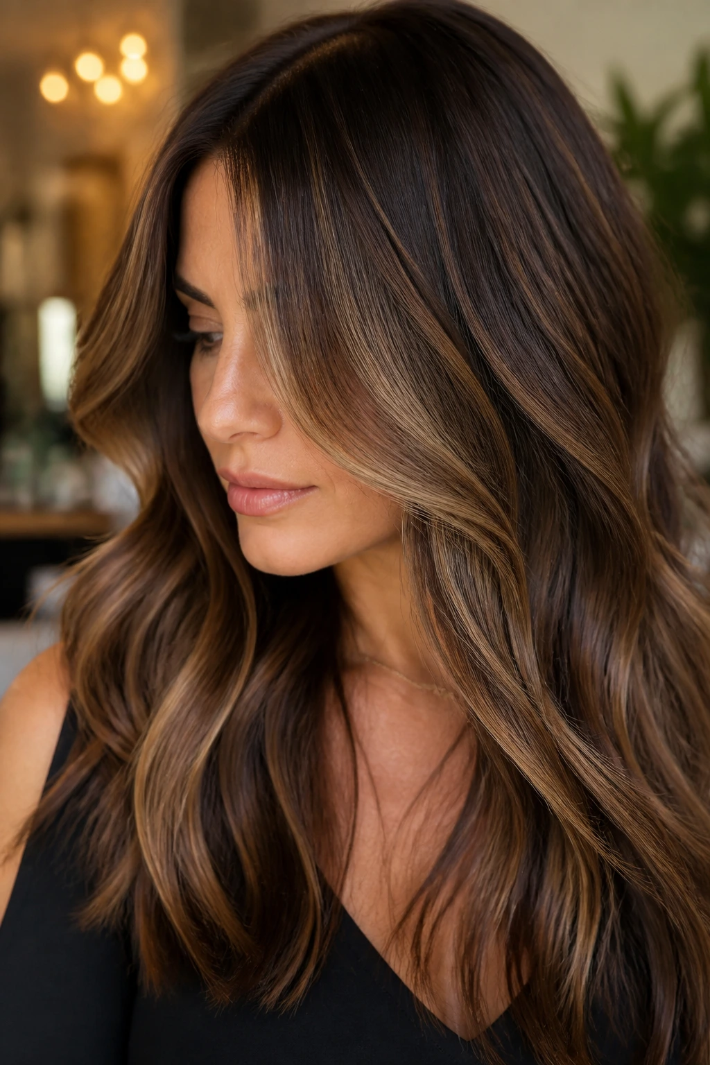 Portrait of a real person with walnut brown balayage for dimensional depth.
