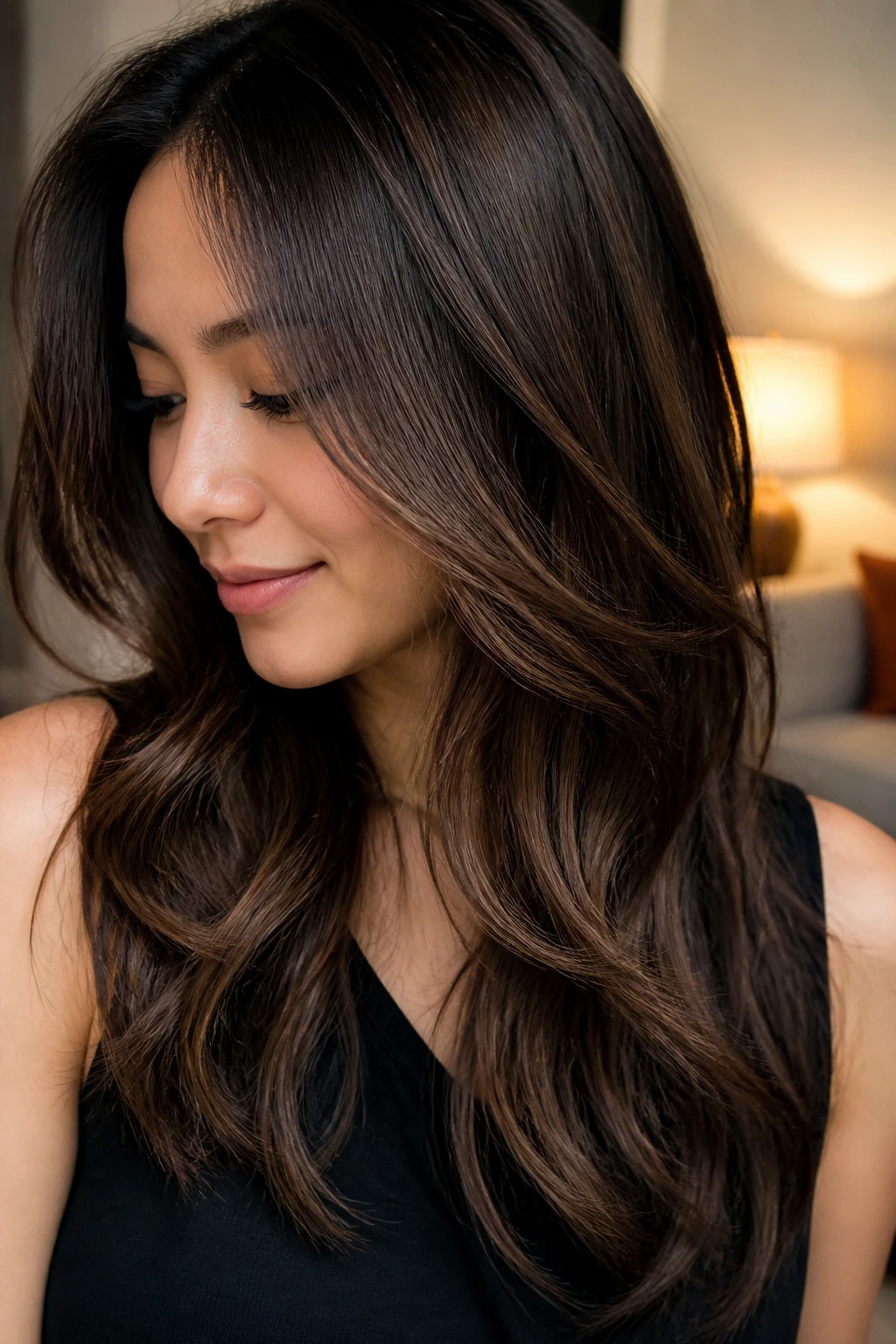 Portrait of a woman with walnut brown dimensional hair