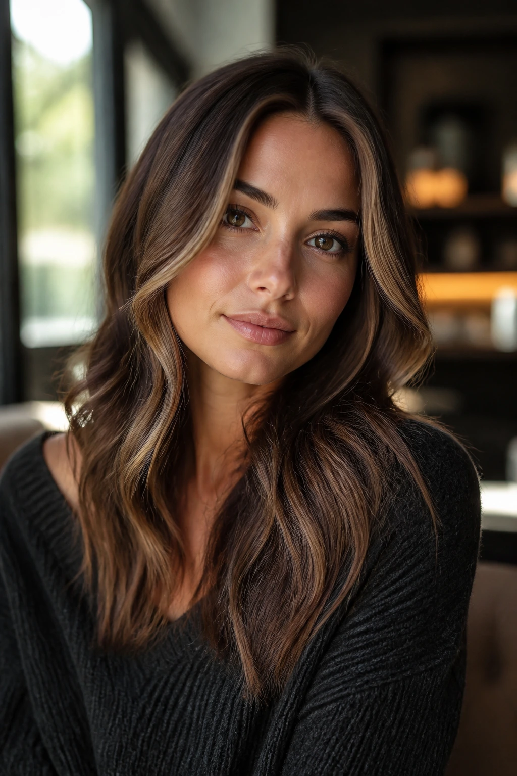 Close-up of a real woman with walnut brown hair and light front pieces