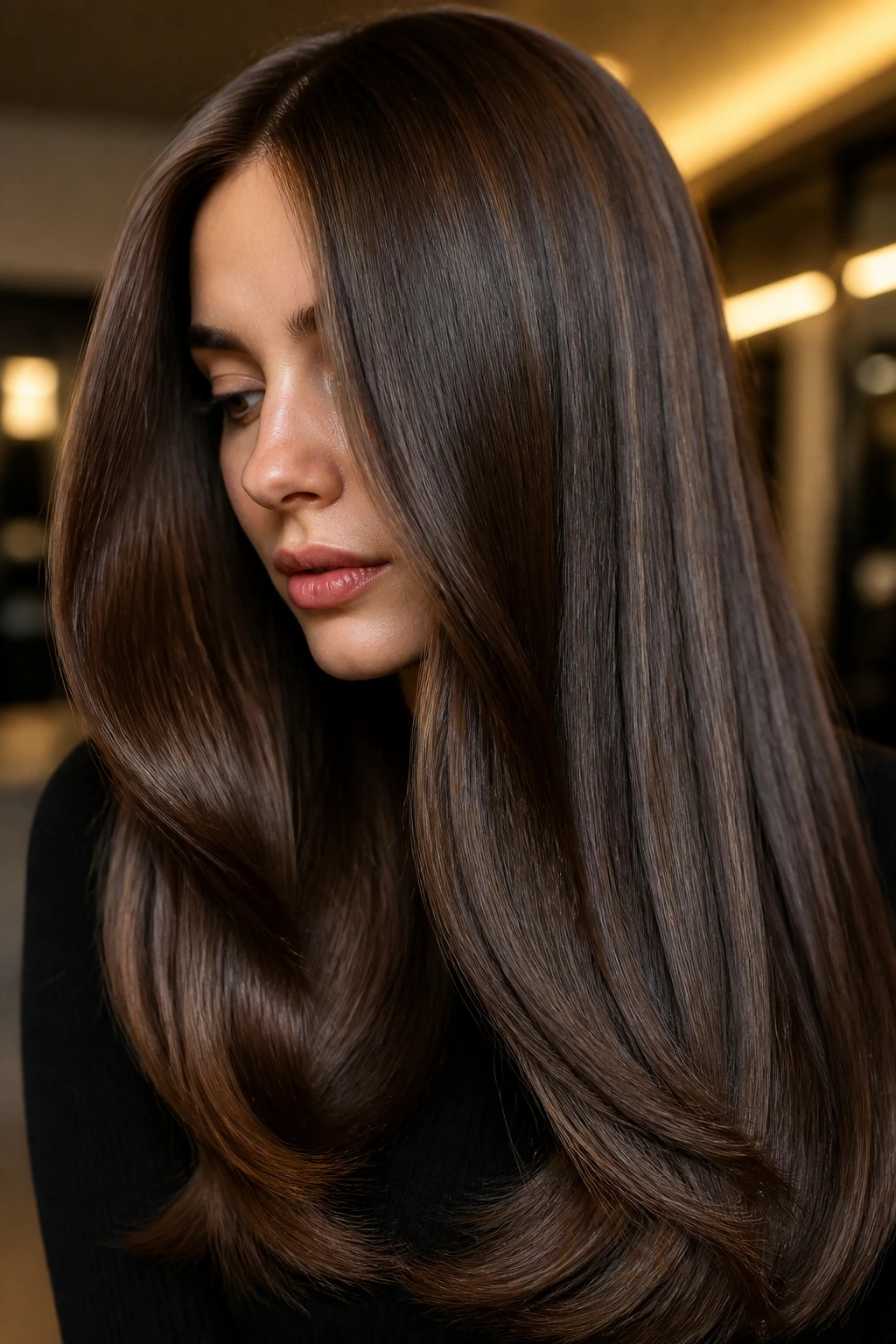 Close-up of walnut brown hair with glassy shine on a real person
