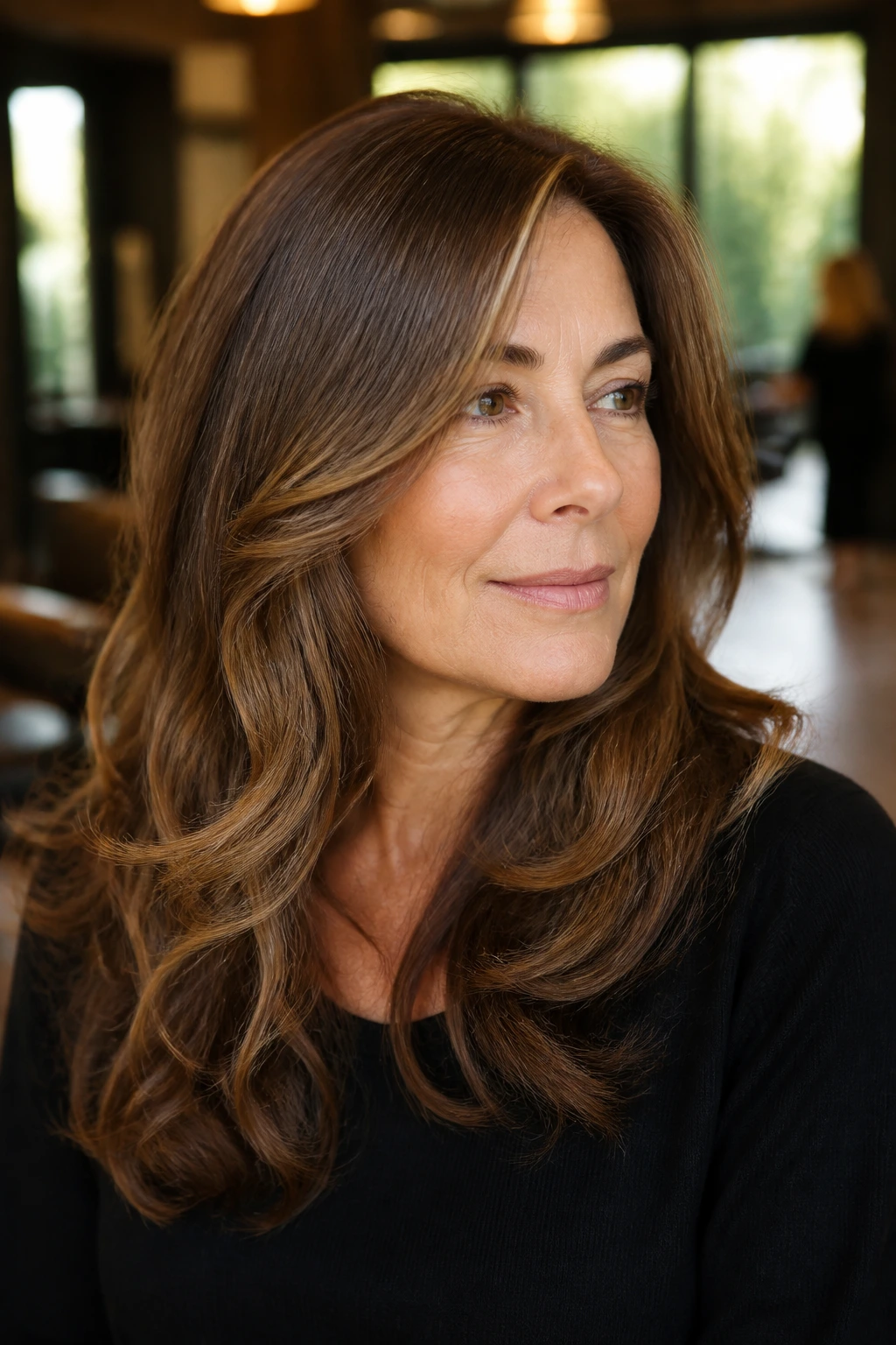 Close-up portrait of a real woman with walnut brown hair and subtle golden reflections