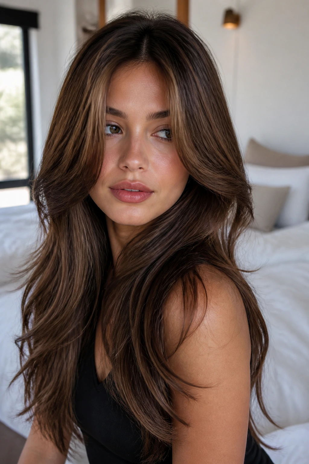 Portrait of a real woman with walnut brown hair and face-framing layers