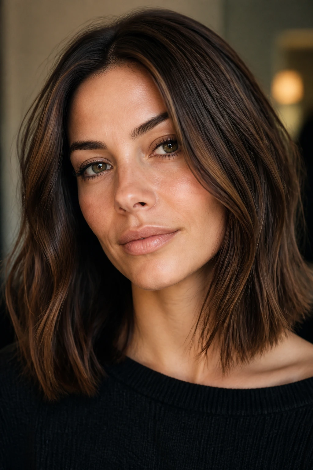 Portrait of a woman showing walnut brown hair with deep lowlights