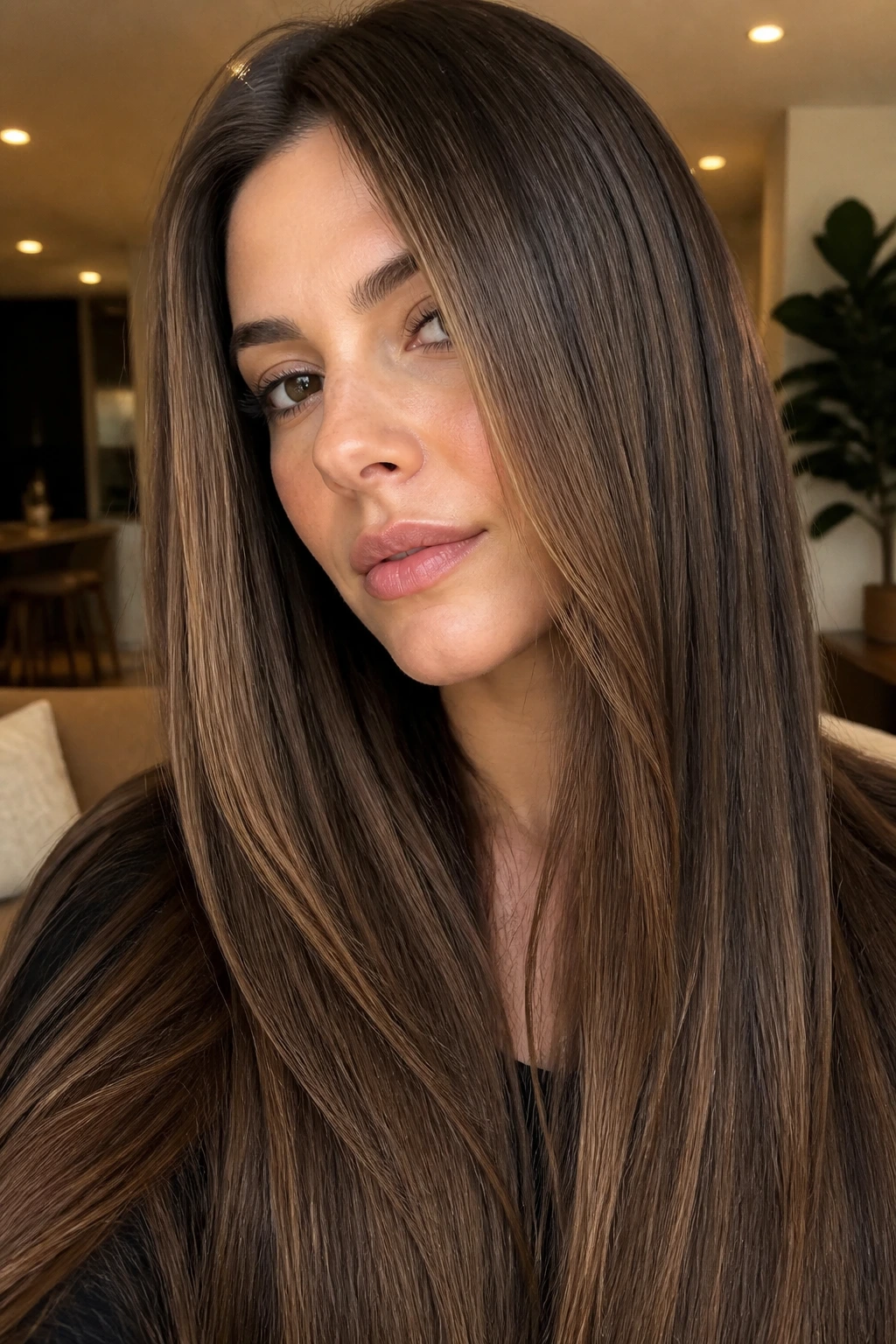 Close-up of walnut brown hair with dimensional lowlights on a real person
