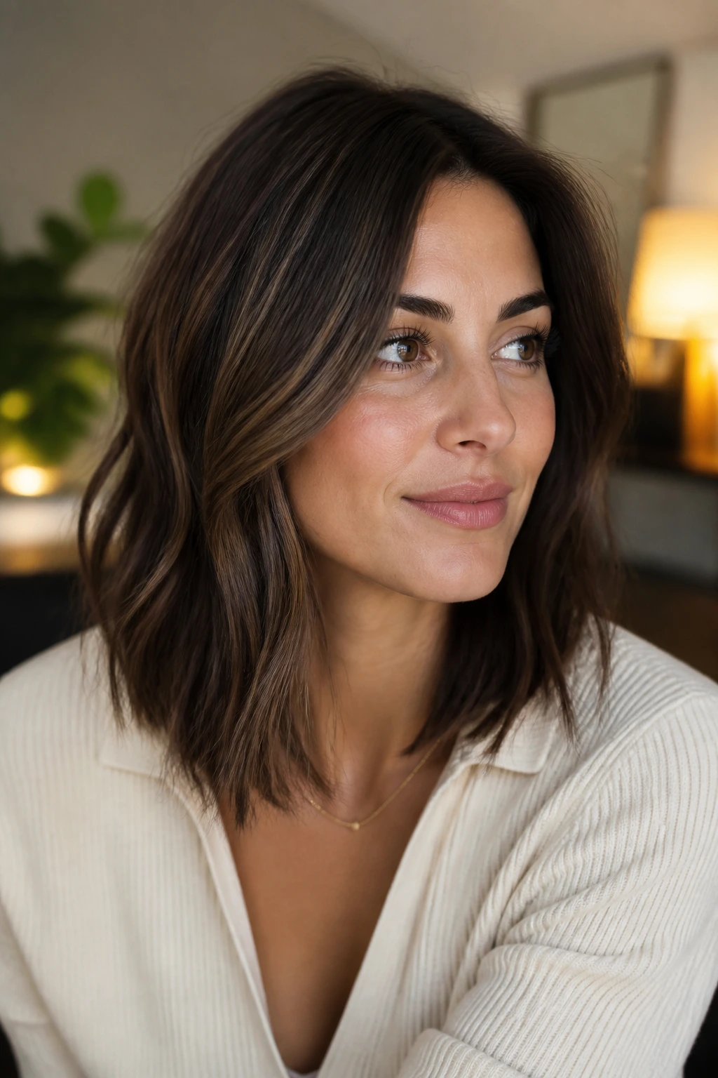 Close-up of a real woman with walnut brown base and cool lowlights on medium-length hair