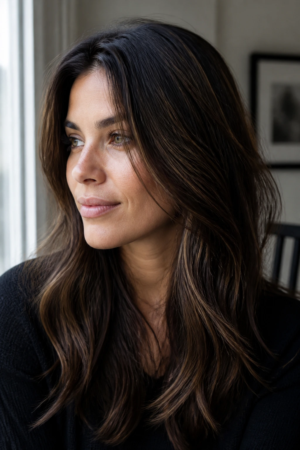 Subtle walnut brown micro-highlights on dark hair