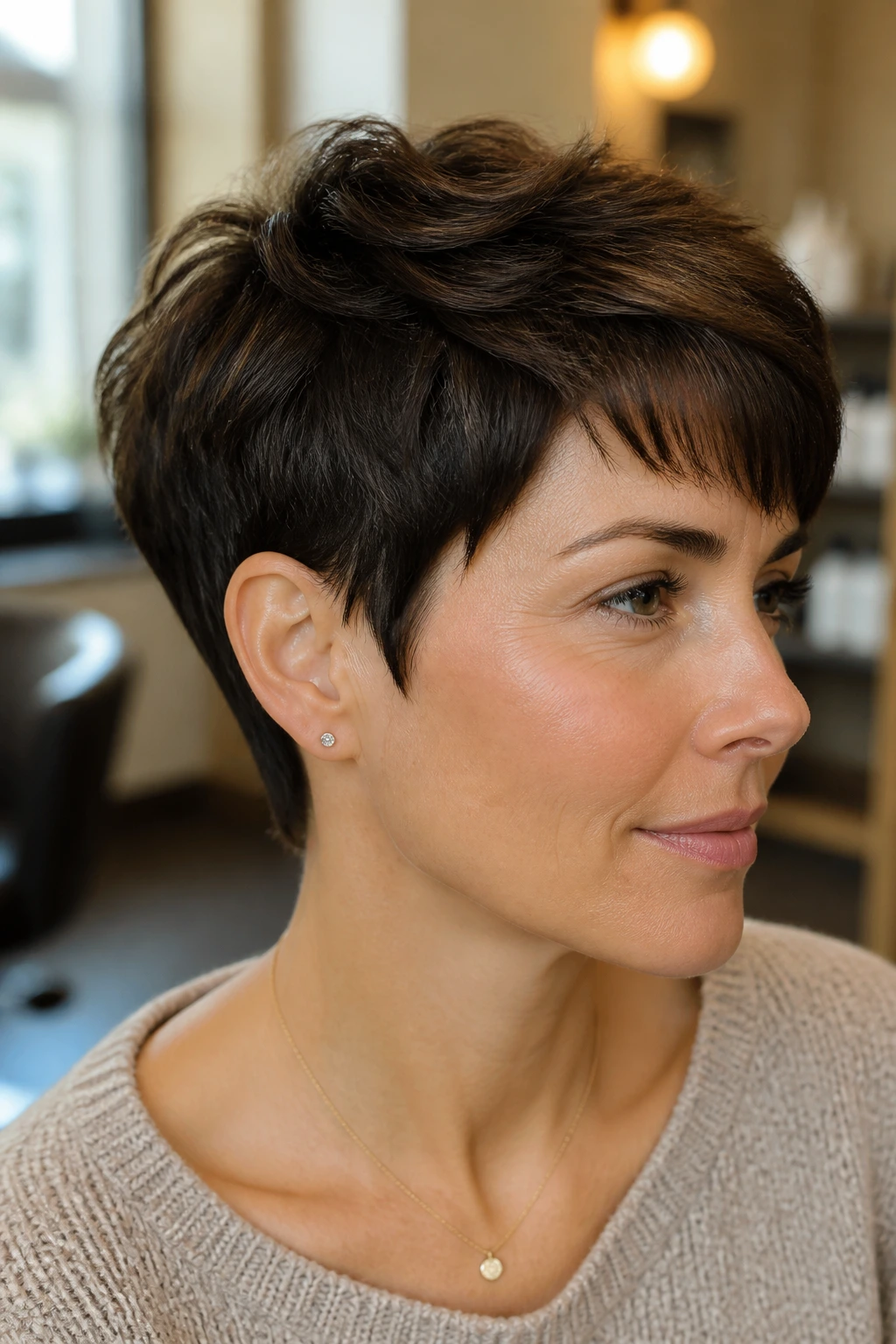 Close-up of a real woman with a walnut brown pixie under warm window light