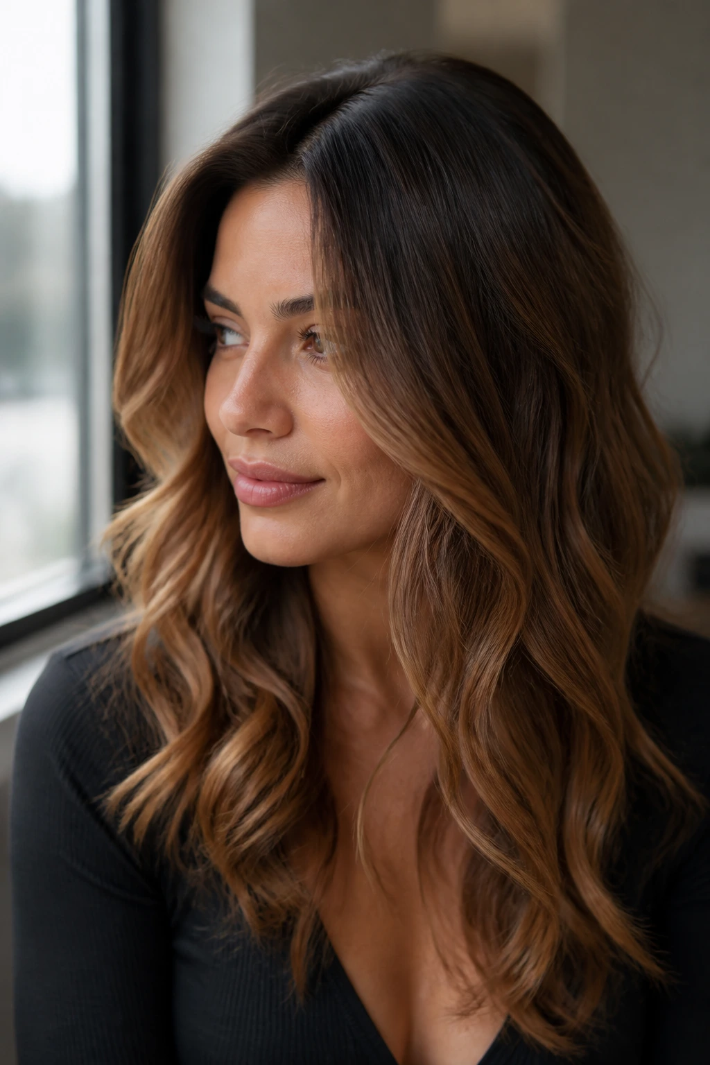 Close-up of a woman with walnut brown shadow root and warm mid-lengths.