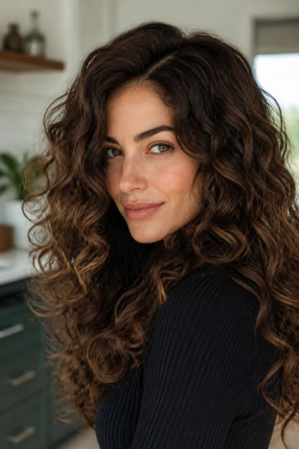 Walnut brown hair with soft root shadow on a real woman