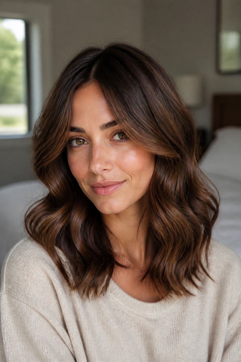 Close-up portrait of a real woman with walnut brown hair and soft S-bends