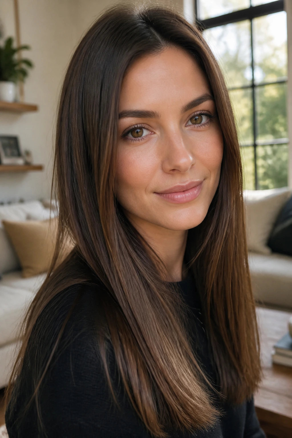 Close-up of real woman with walnut brunette hair in straight style under warm natural light