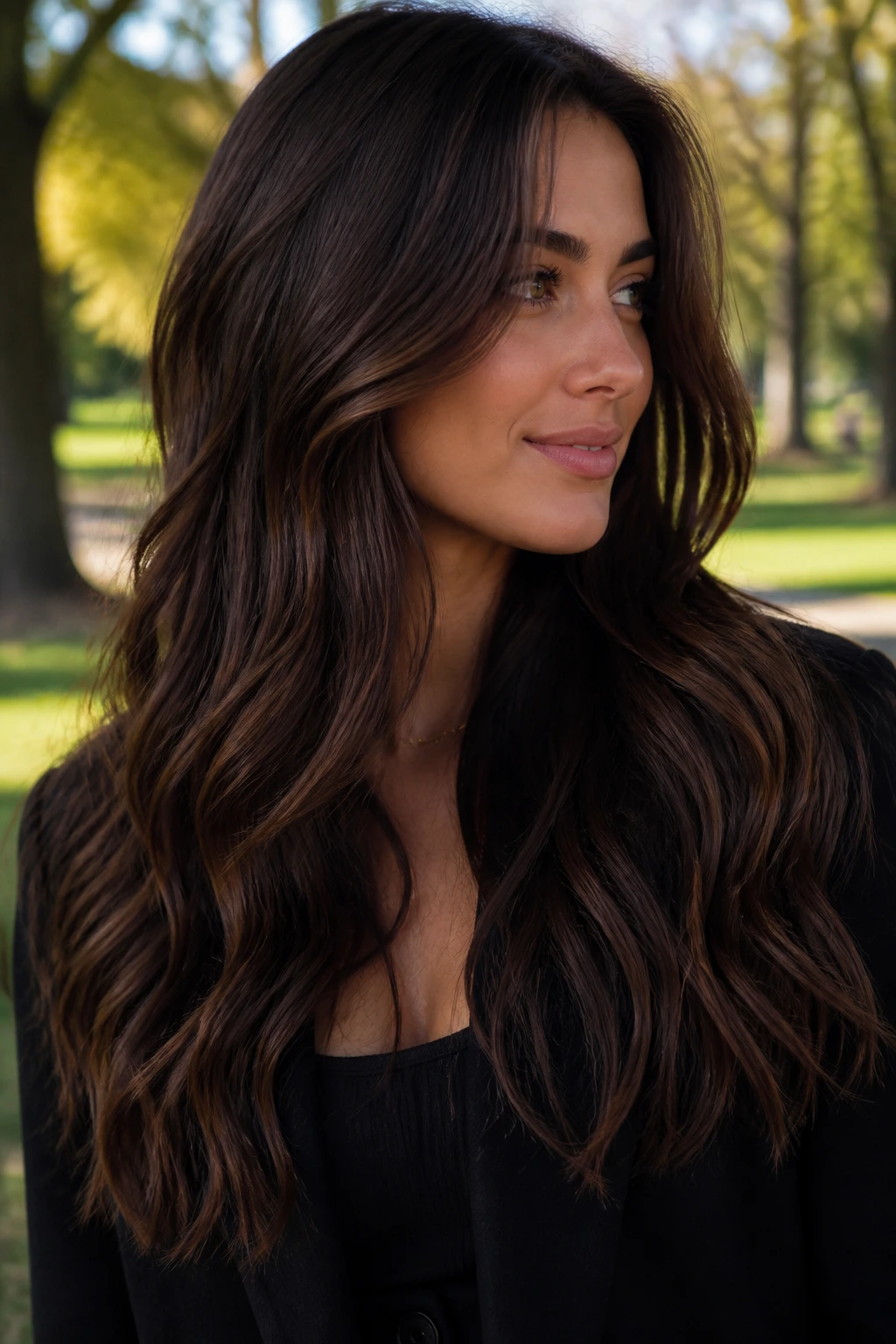 Portrait of brunette with walnut color and subtle lowlights in long waves