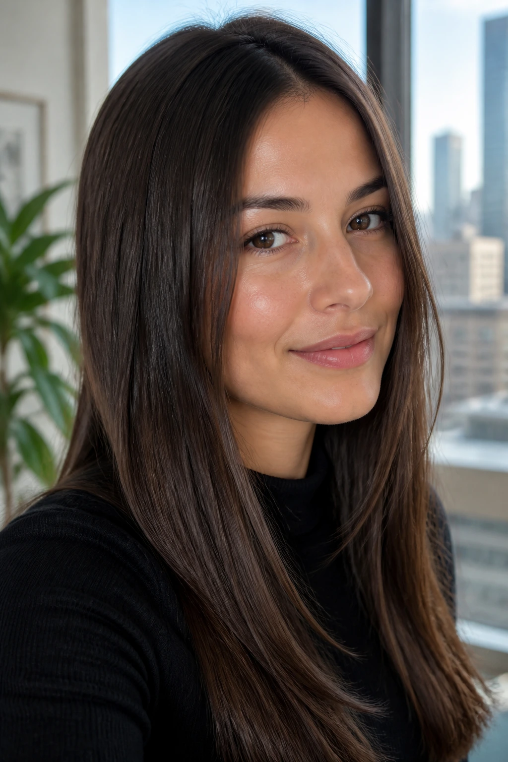 Close-up of a real woman with walnut brunette hair and minimalist shine
