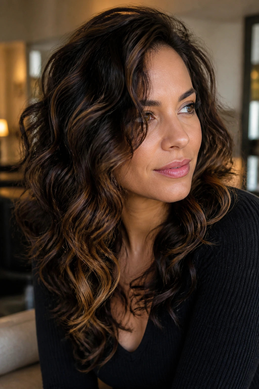 Real woman with walnut base curls and caramel peekaboo highlights.