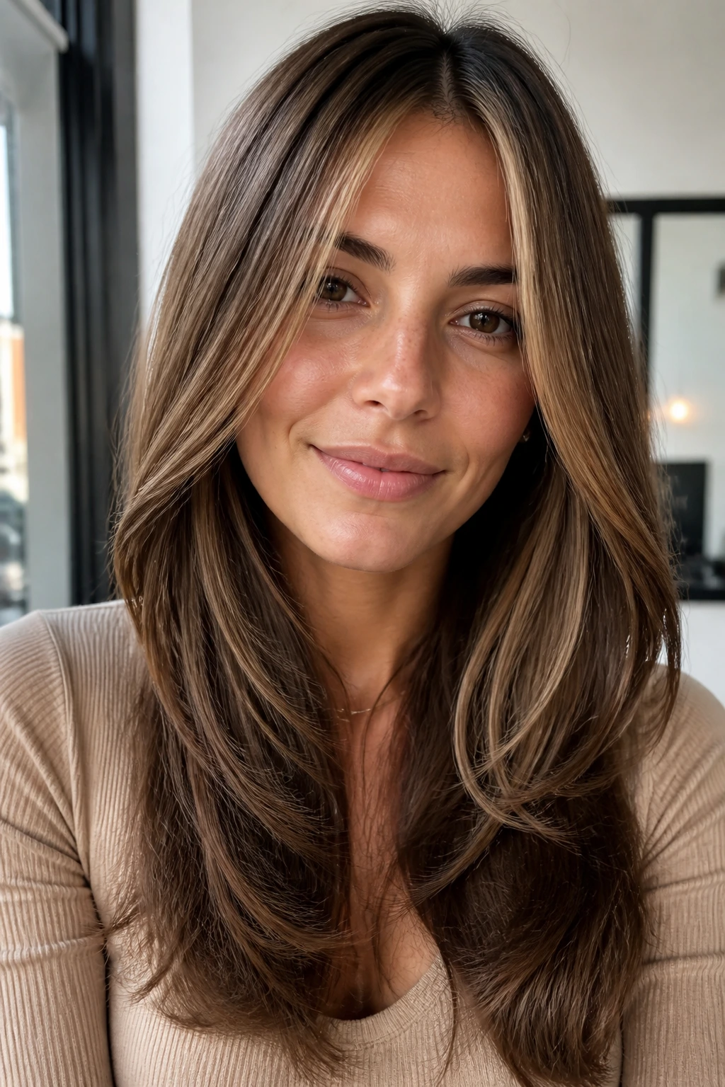 Brown hair with walnut base and champagne highlights for contrast