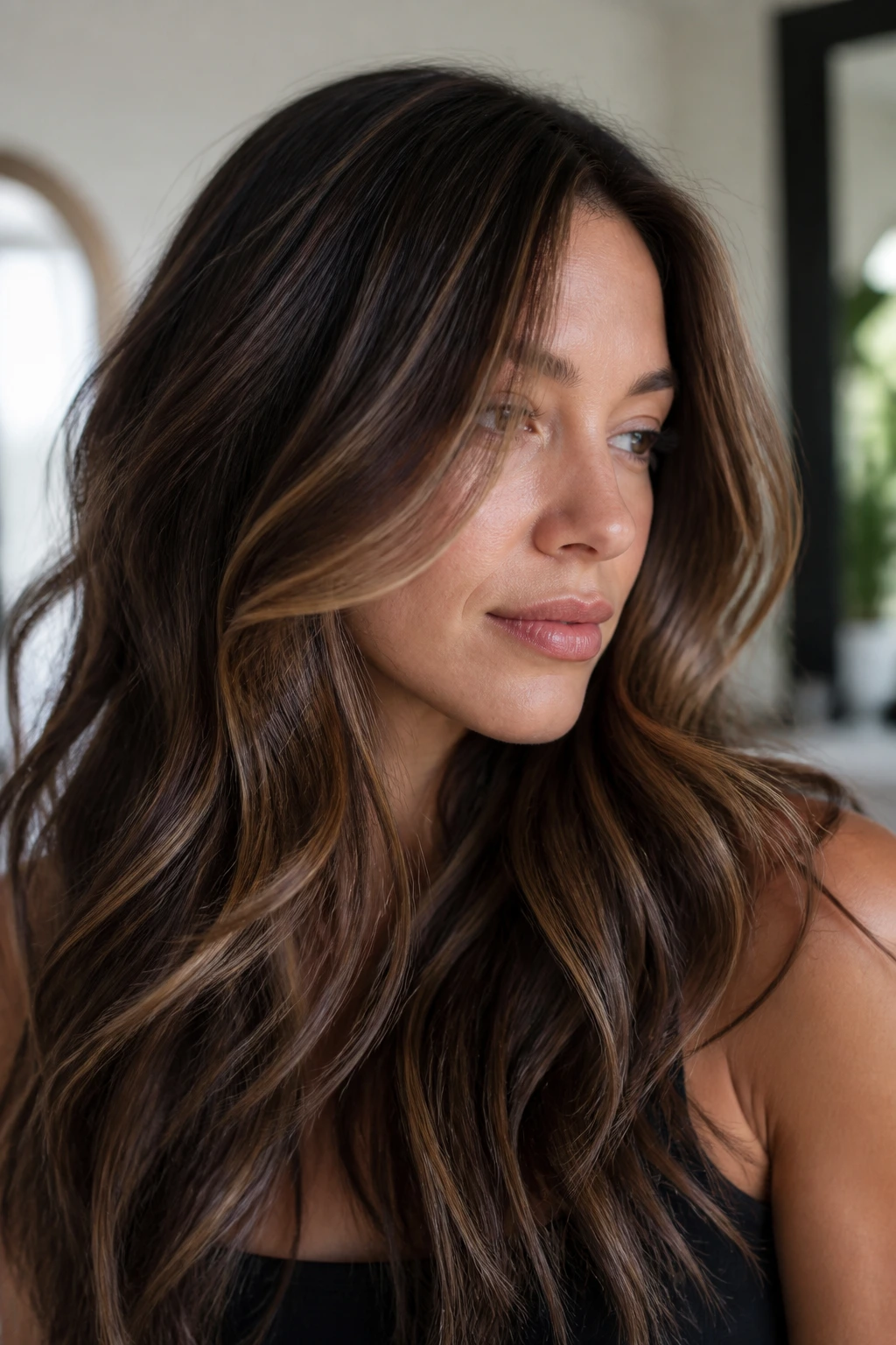 Portrait highlighting walnut chestnut ribbons balayage around the face.