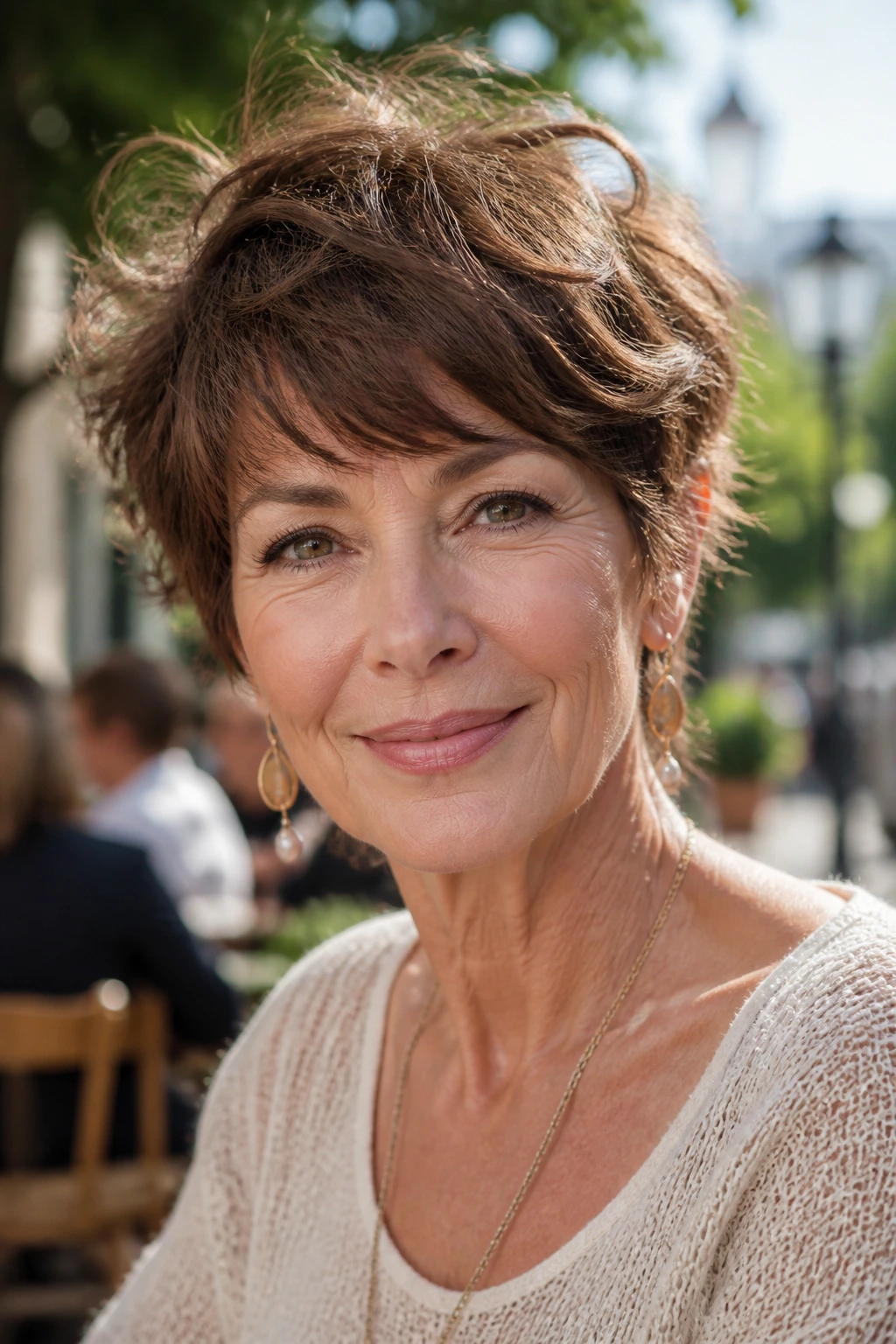 Close-up of a real woman with a tousled walnut crop and swept fringe.