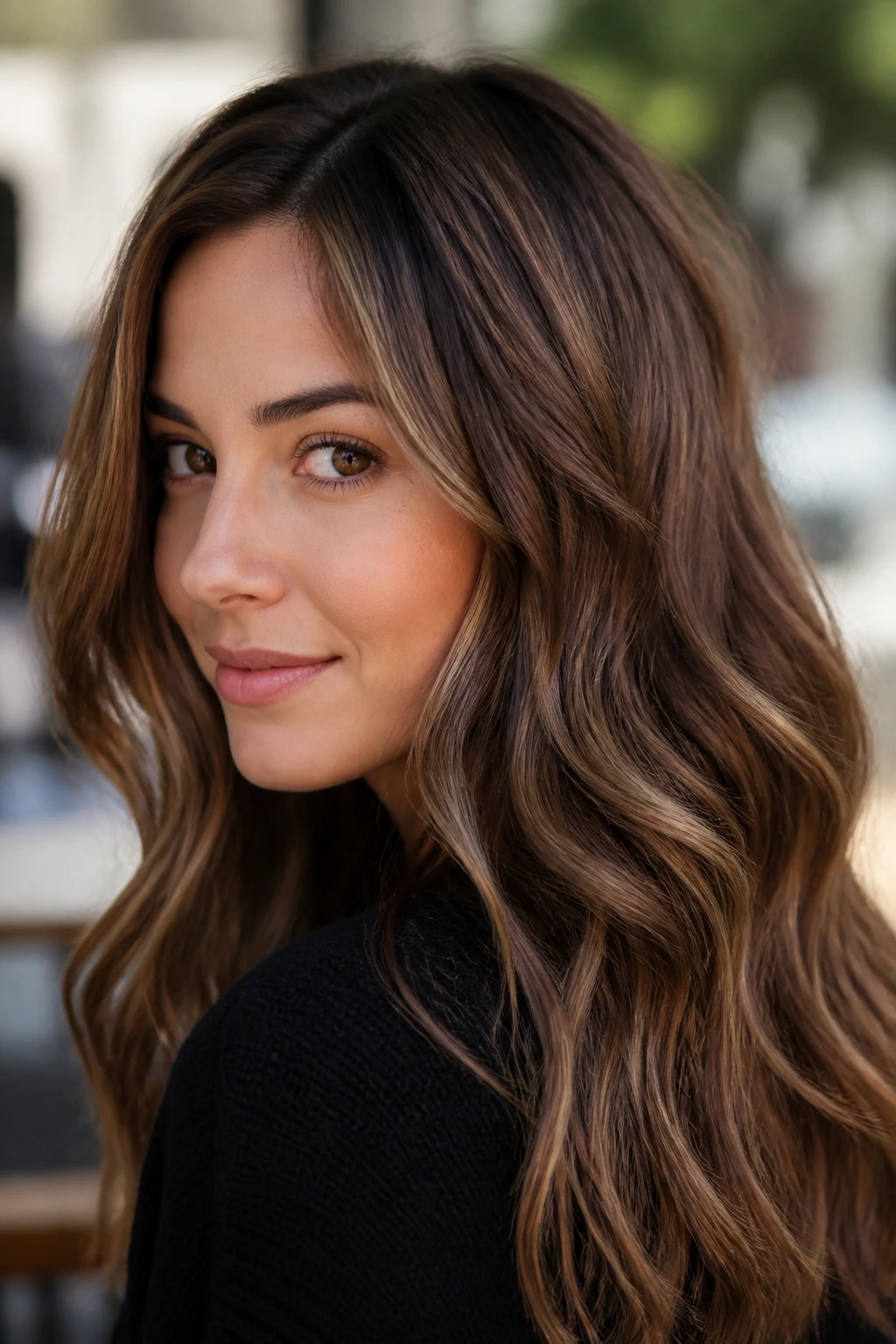 Close-up of real woman with walnut dimension balayage in natural daylight