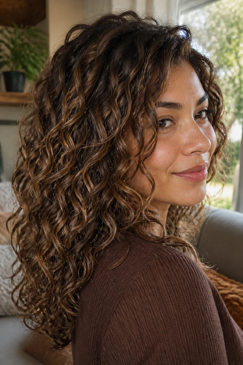 Close-up of walnut dimension melt on curly hair with brown-taupe tones melting into base