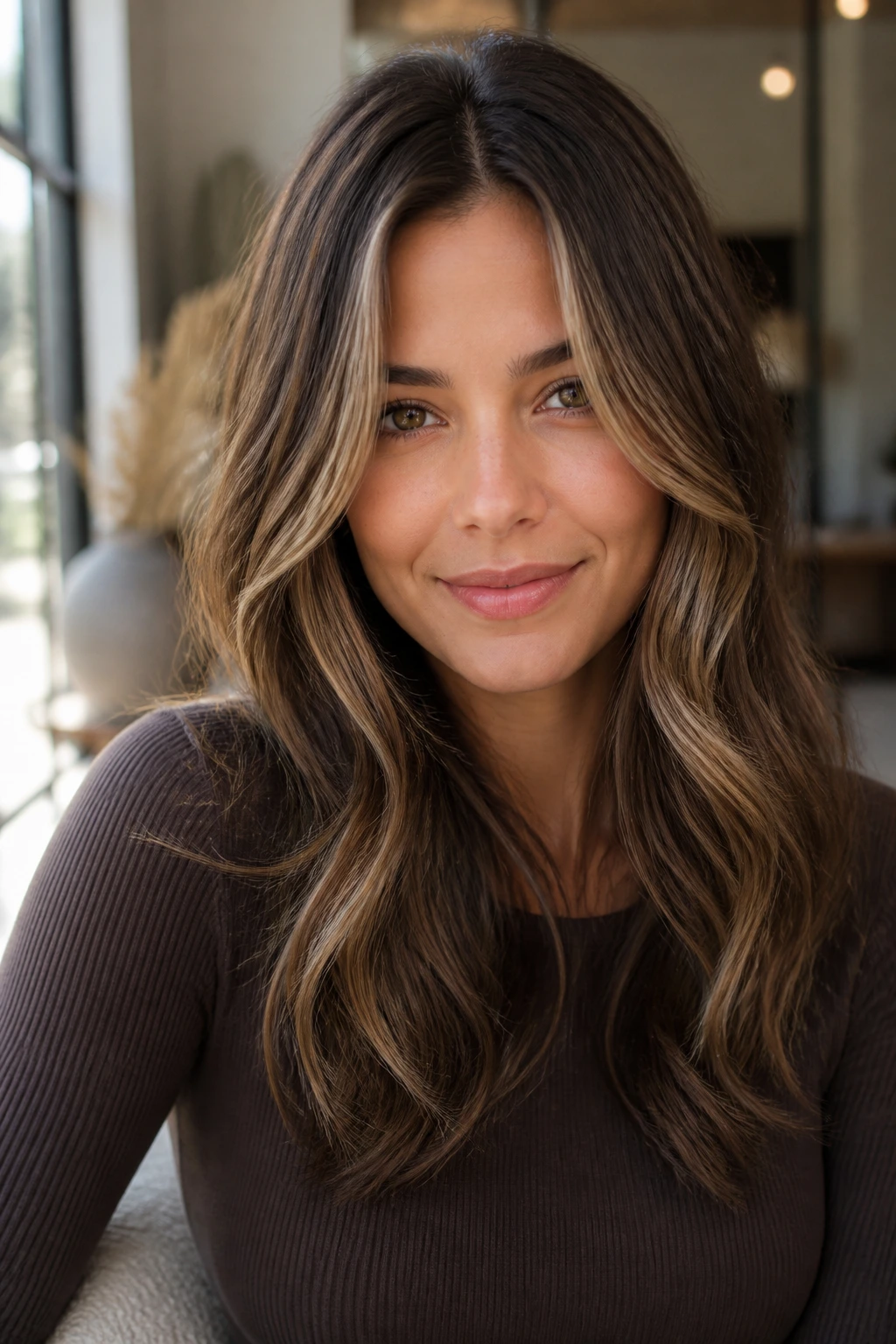 Close-up of a woman with walnut brown hair and face-framing lights