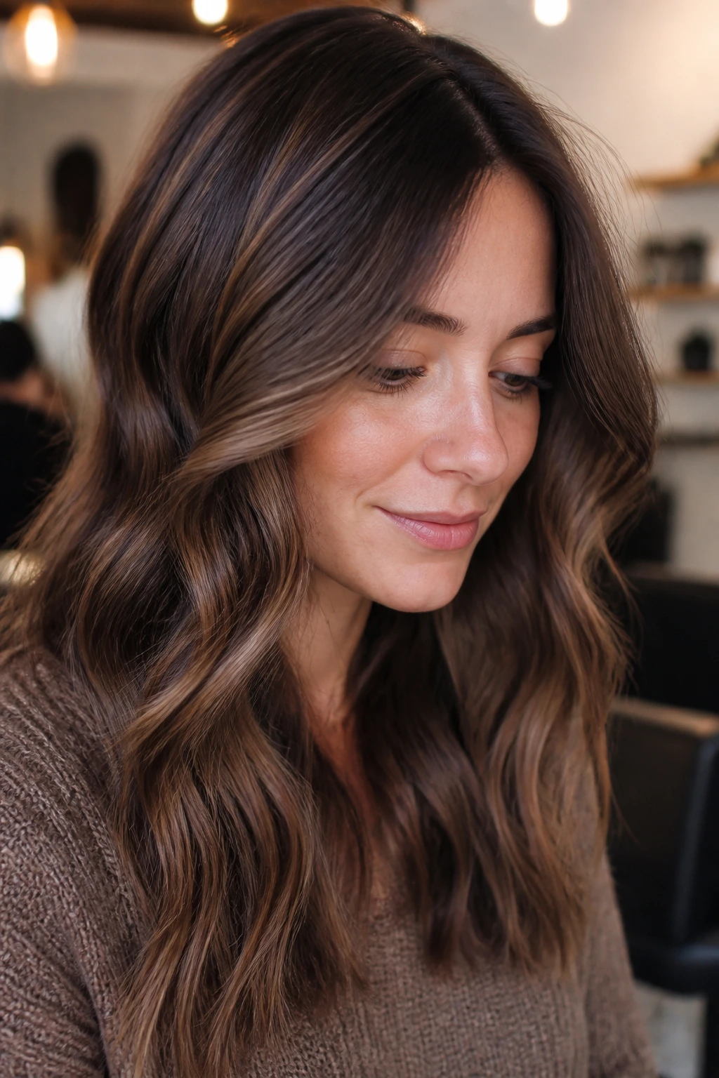 Close-up of walnut foilayage with low-contrast depth on brunette hair