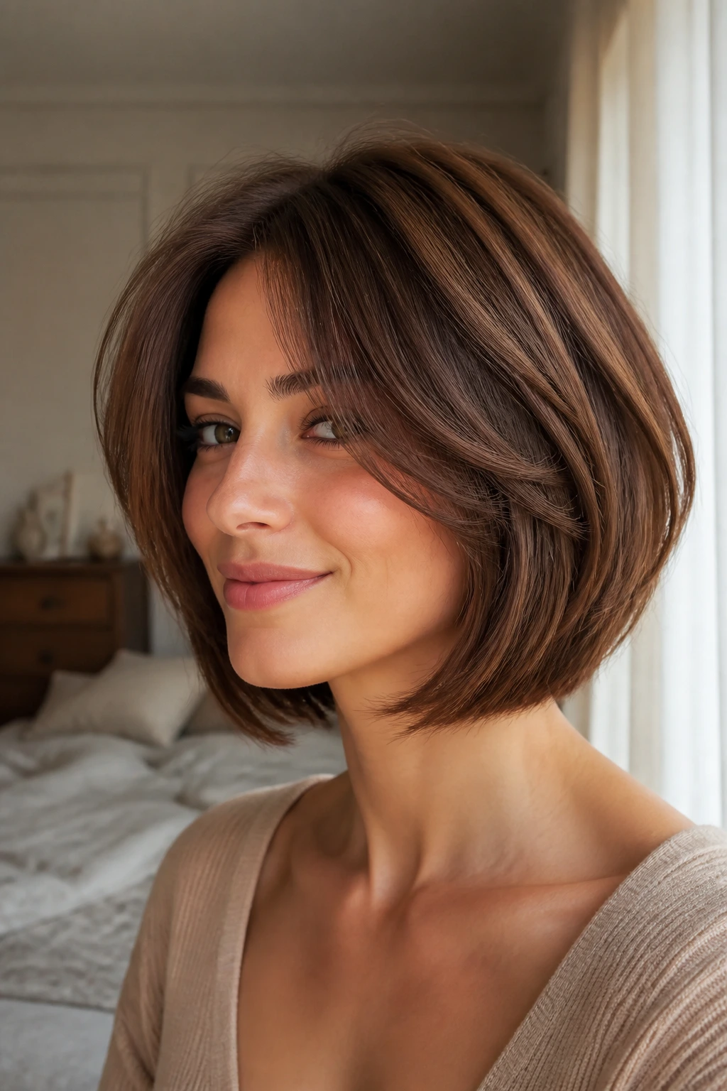 Close-up of a real woman with walnut layered bob in walnut brown, natural window light.