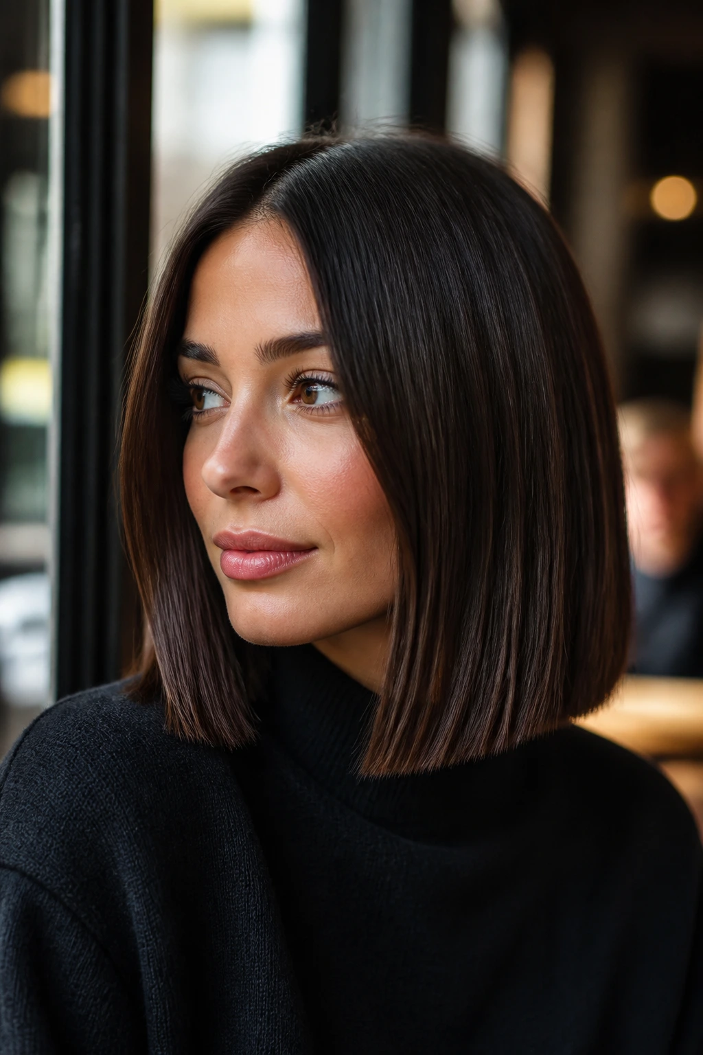 Close-up of a woman with walnut lob and blunt perimeter