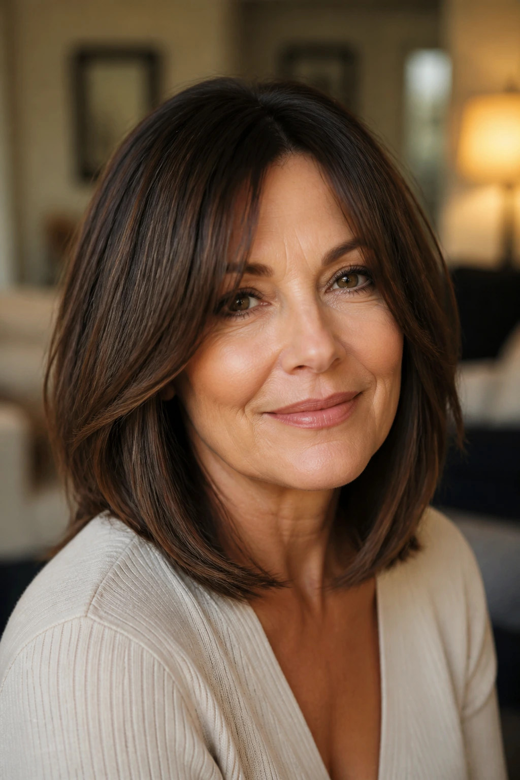 Real woman with walnut brunette lob and curtain bangs, close-up portrait
