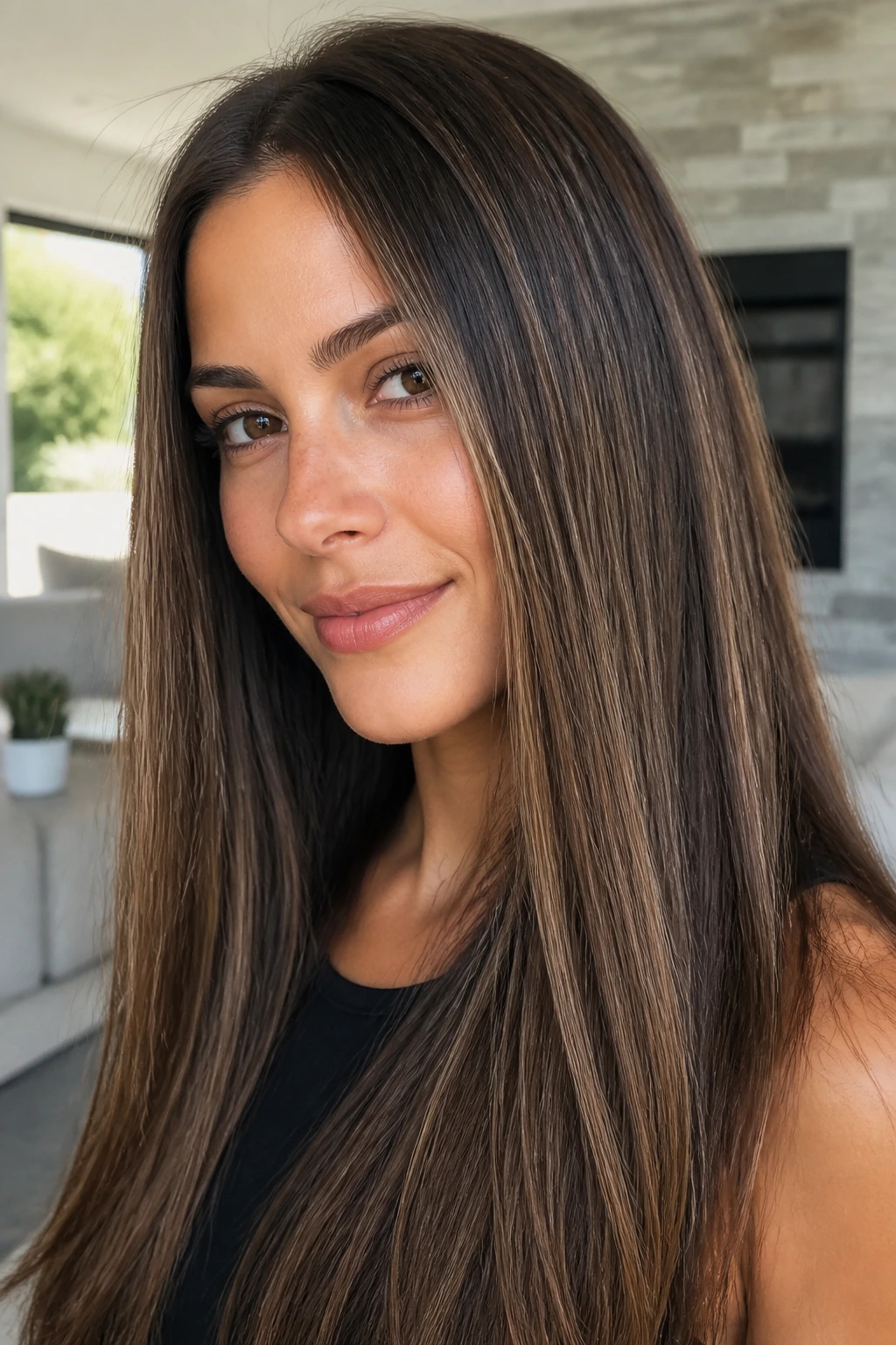 Close-up portrait of long straight hair with walnut micro-lights for texture and depth