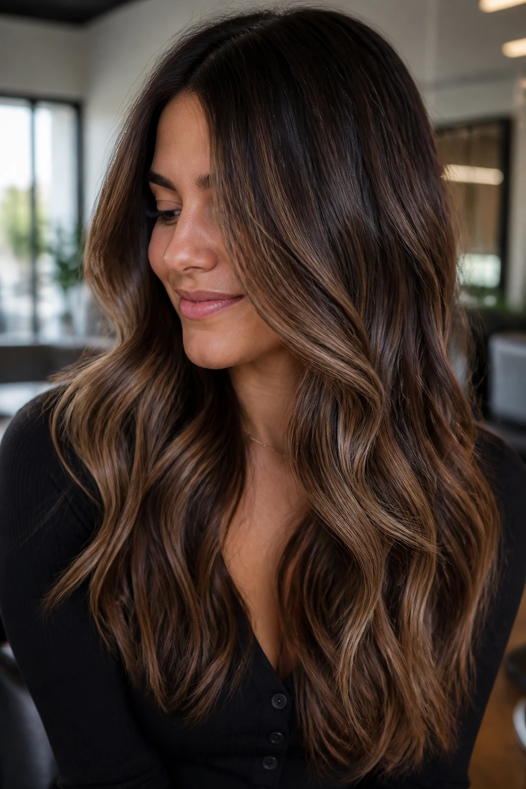 Close-up of real woman with Walnut Mocha Balayage featuring earthy brown tones and lighter ribbons.