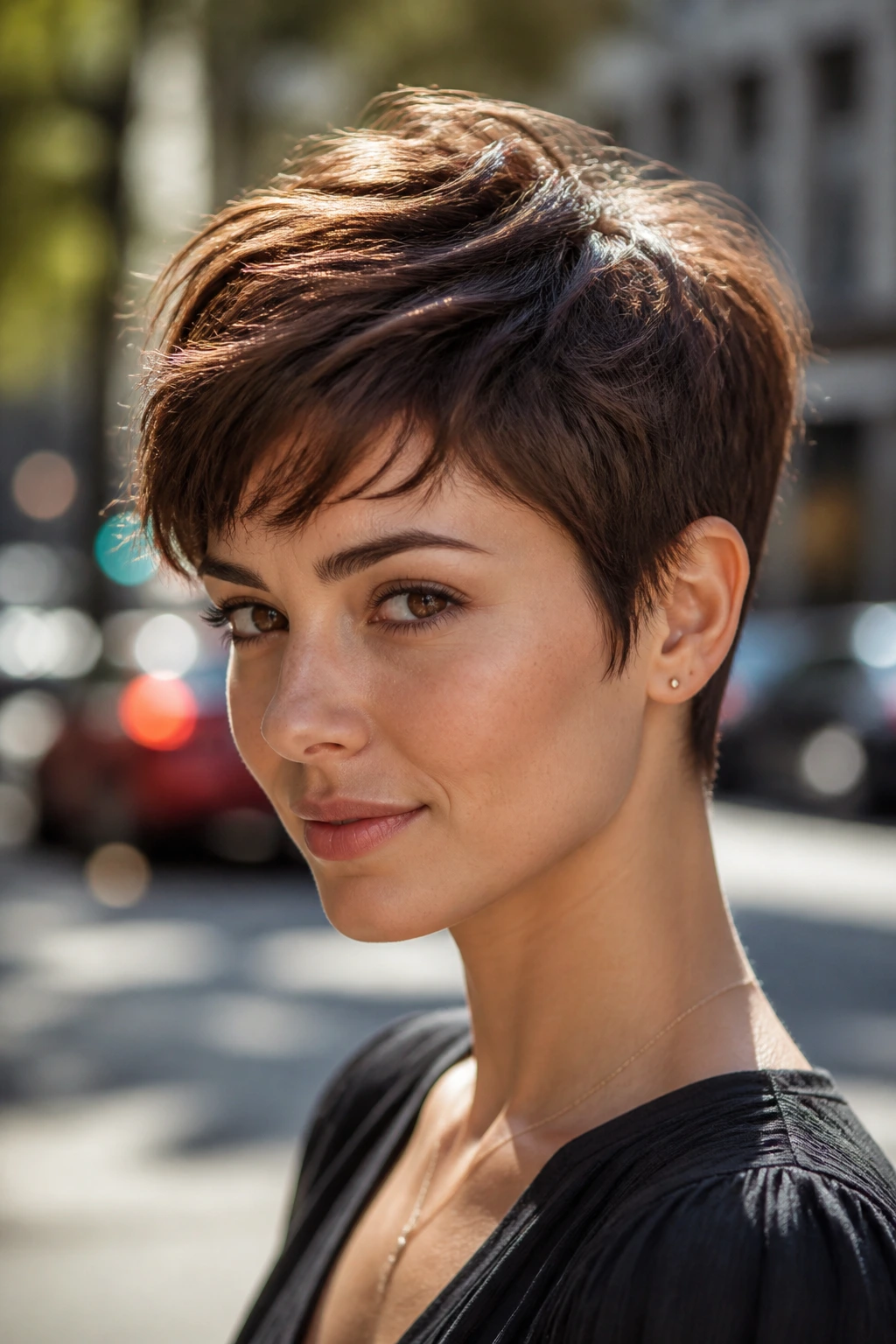 Close-up portrait of a real woman with walnut brown pixie cut
