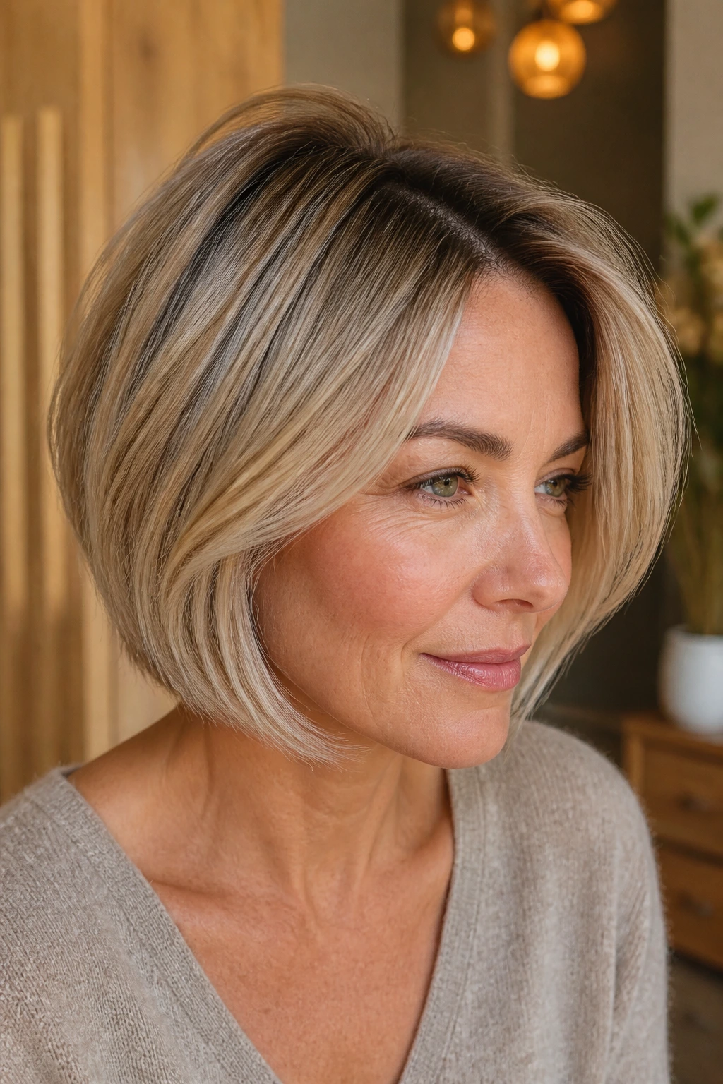Real woman with walnut-root frosted bob, warm wood-toned interior