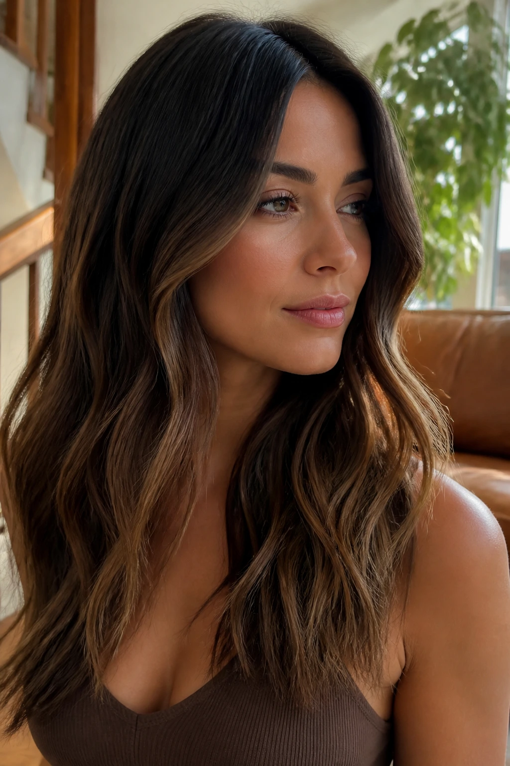 Close-up of brunette with walnut shadow balayage, dark roots and walnut highlights