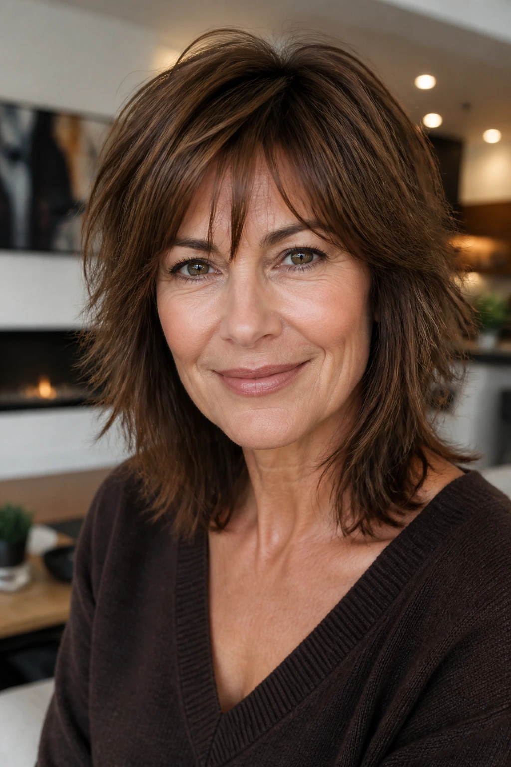 Close-up of a woman with walnut shag and piecey bangs