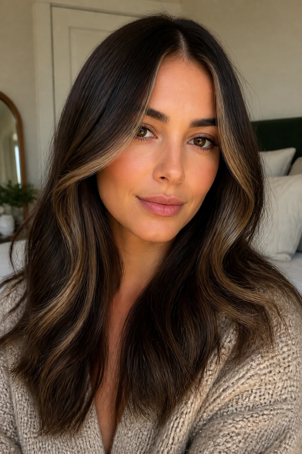Real person with walnut smoke balayage and face framing