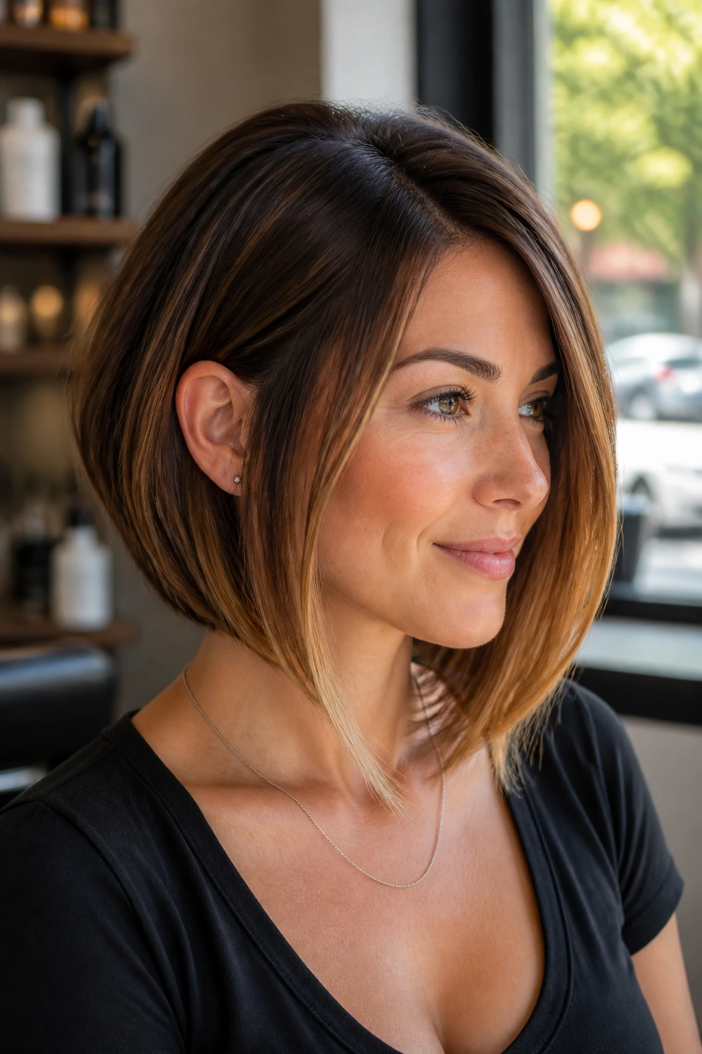 Head-and-shoulders portrait of a real woman with walnut-to-toffee ombré on an A-line bob.