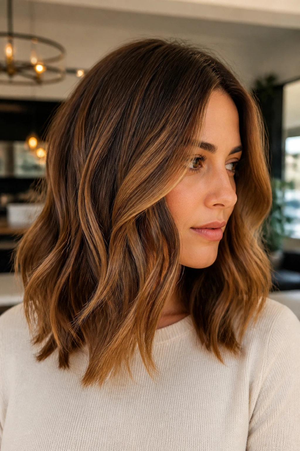 Close-up of a real woman with walnut and toffee balayage on medium-length hair