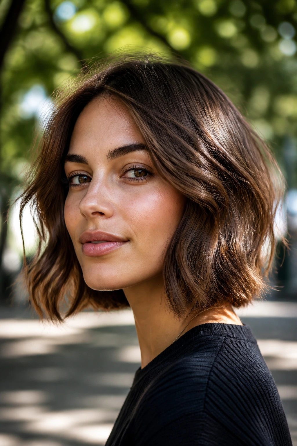 Portrait of a woman with a walnut tousled bob filling the frame.