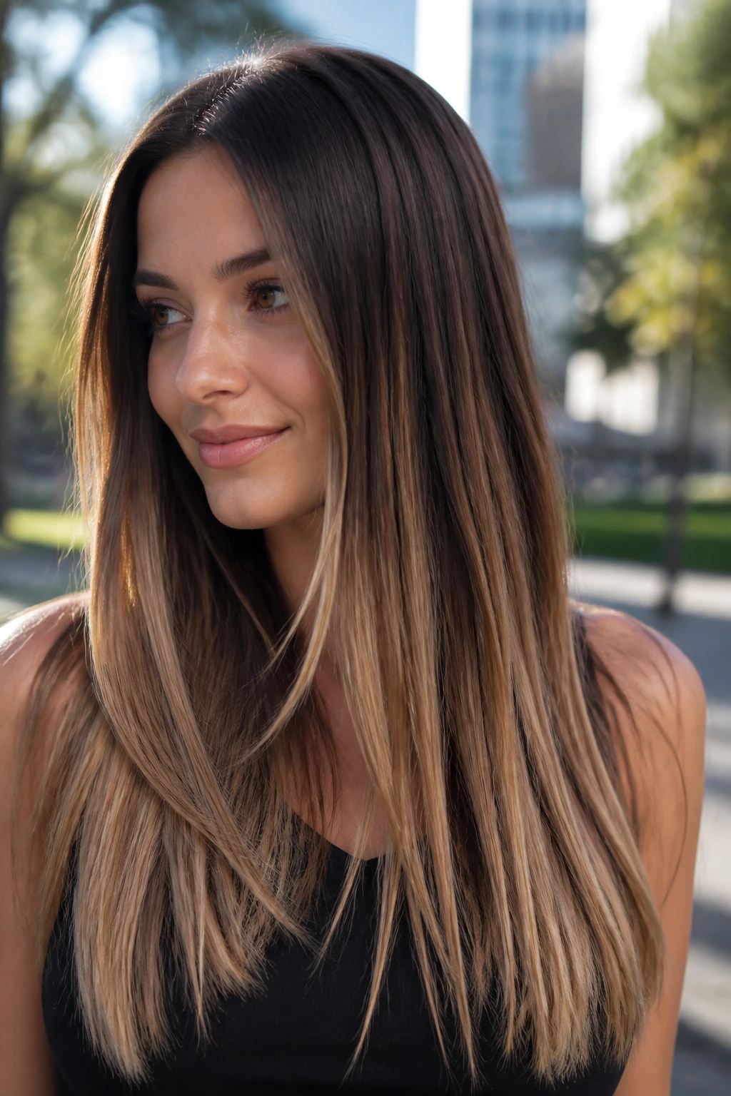 Portrait of a real woman with walnut to wheat balayage on straight hair