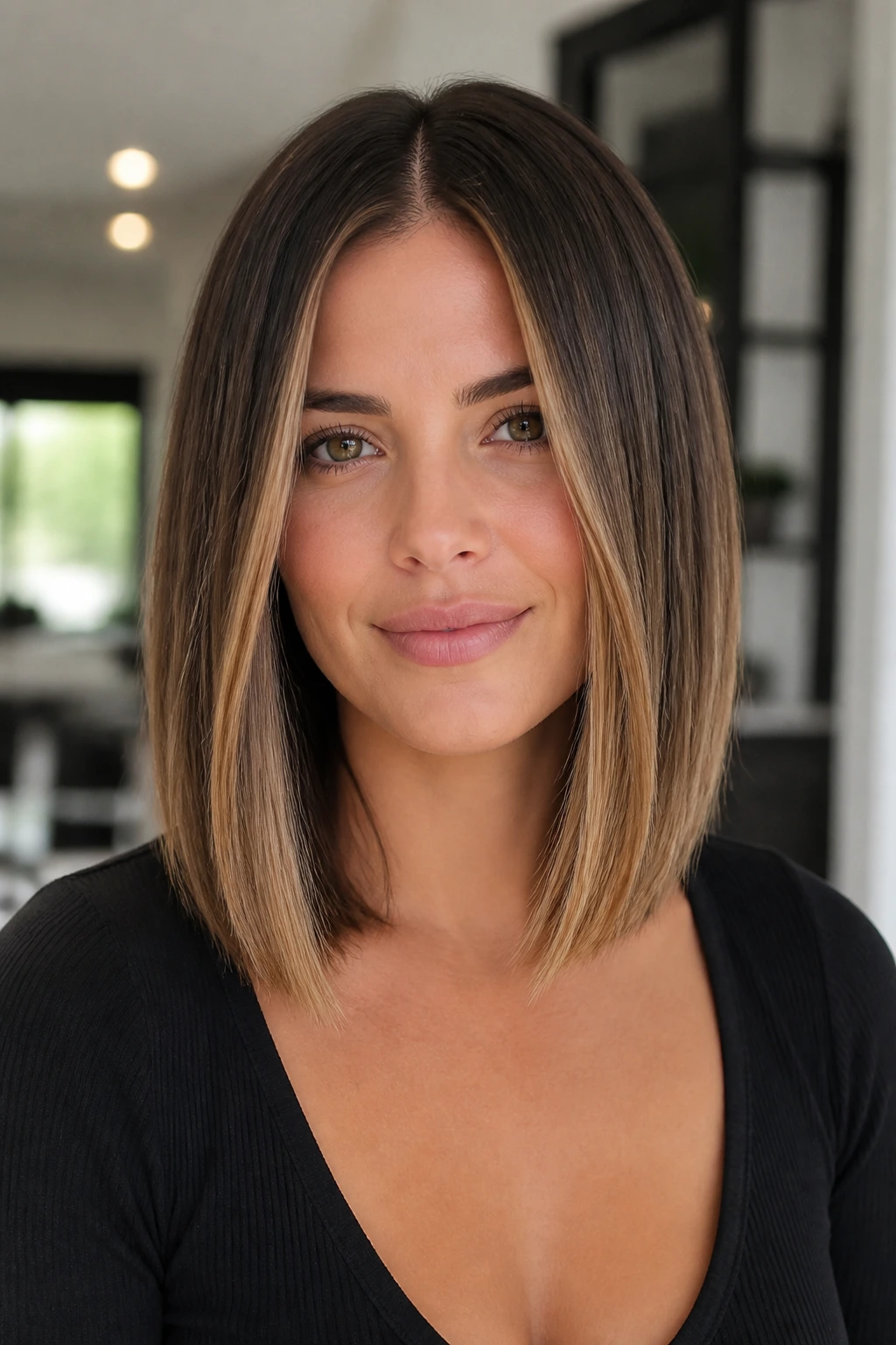 Close-up of brunette-to-dark-blonde balayage with walnut and wheat tones on straight hair