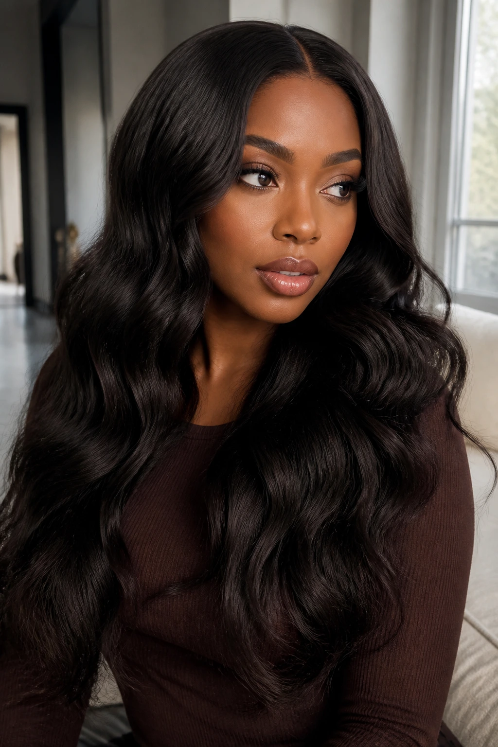 Close-up of a real woman with wand-created waves brushed into a long smooth shape.