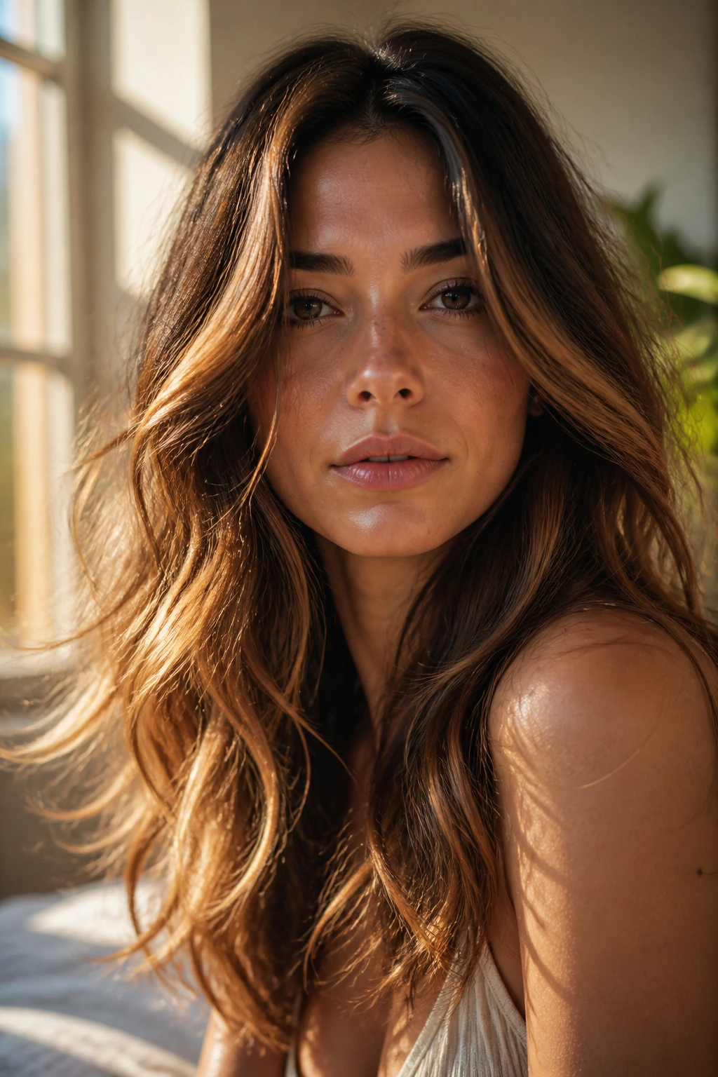 Portrait of a brunette with warm amber highlights catching light