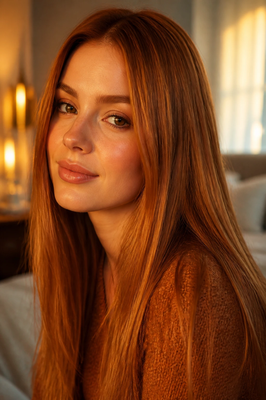 Portrait of a person with straight, sleek amber hair in warm light