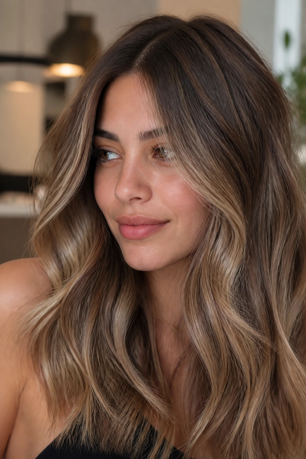 Portrait of warm ash-brown hair with beige lights
