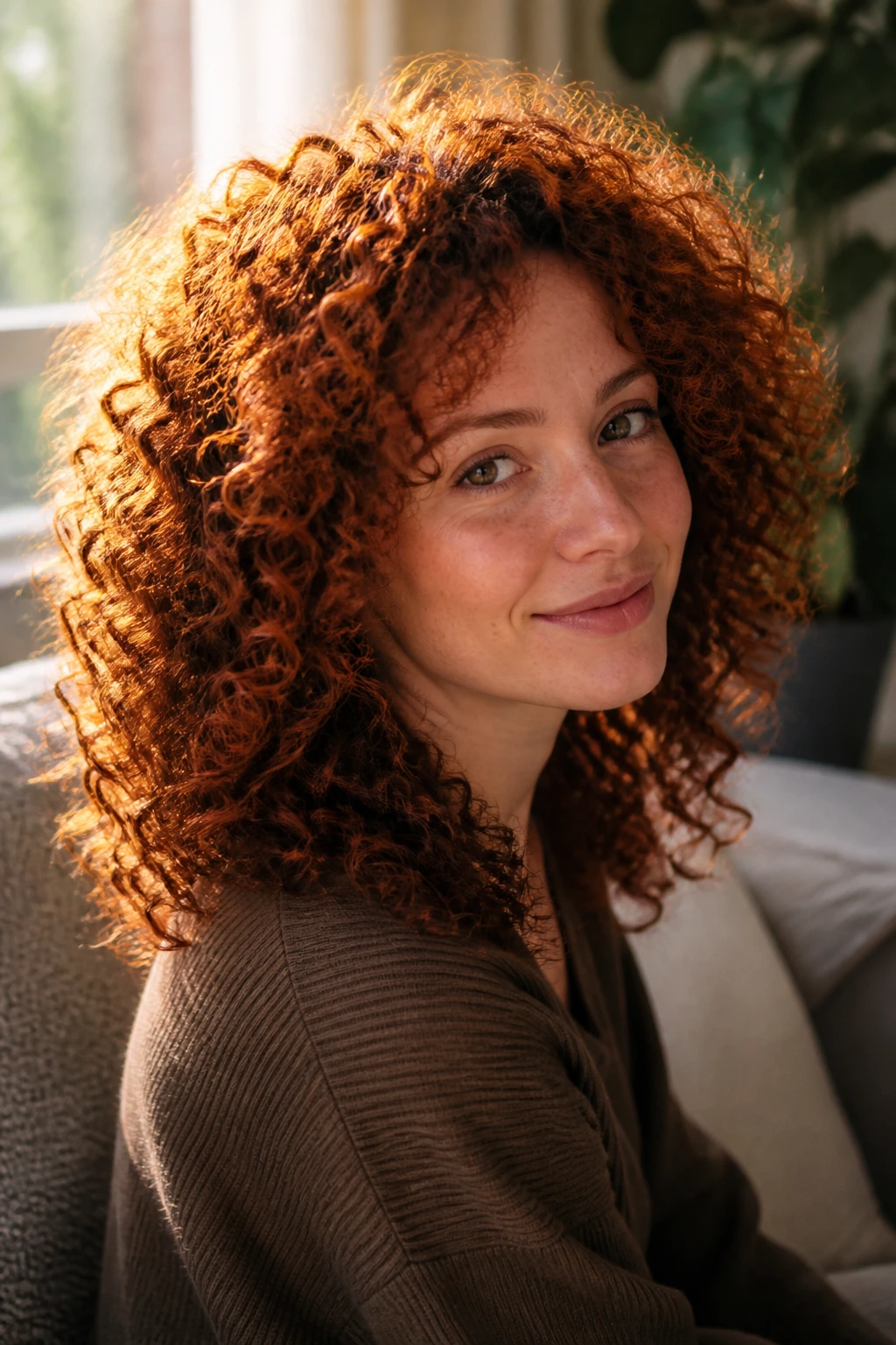 Close-up of a real person with a warm auburn halo on curls
