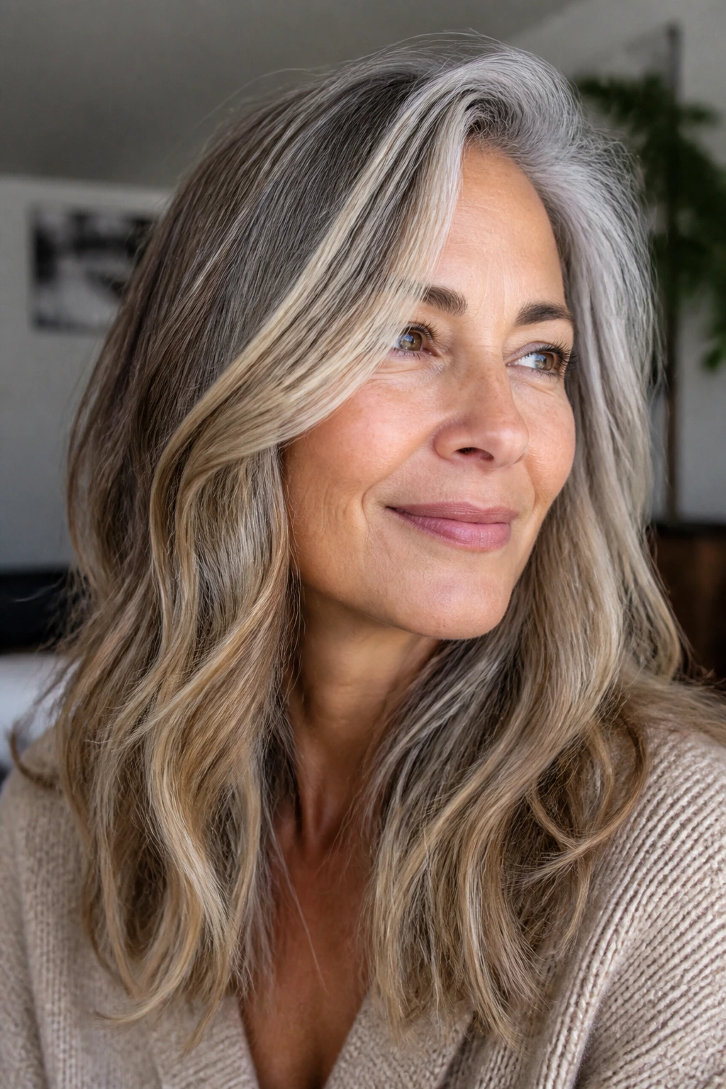 Close-up of gray hair with warm beige blending for a soft look