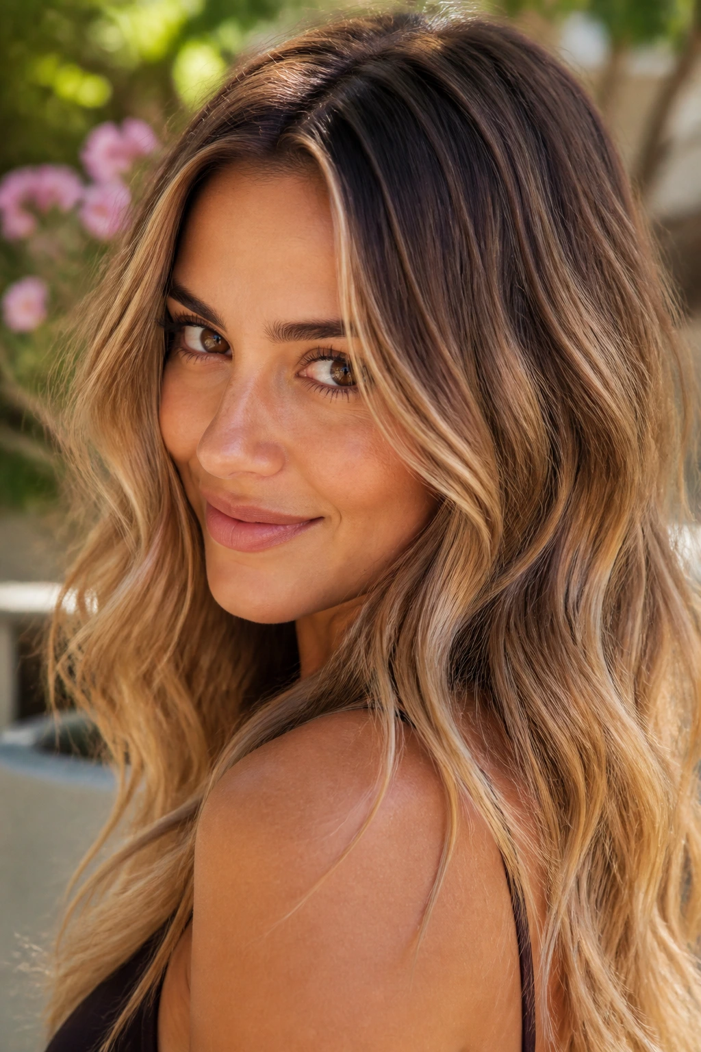 Close-up of brunette with warm biscuit balayage.